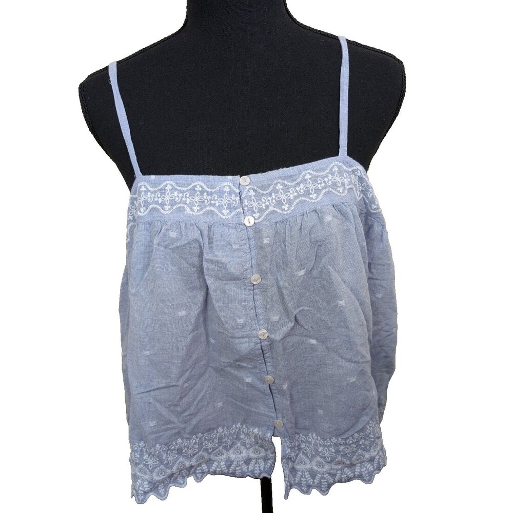 Joie Tank Top Blue Embroidered 100% Cotton Button Front Semi-Sheer Medium